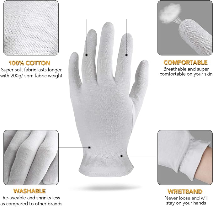1 Size 2 Pairs 100% Premium Cotton Gloves for Dry Hands | Moisturizing Overnight Gloves for Eczema, Psoriasis & Skin Spa Treatment for Women & Men | Washable & Reusable with Free Laundry Bag