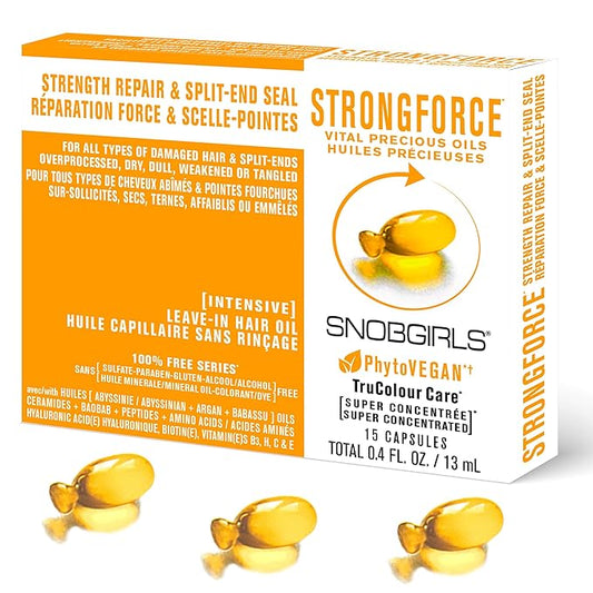Strength Repair Hair Oil Capsules – SNOBGIRLS STRONGFORCE – Vegan Leave-In Serum for Weak or Breakage-Prone Hair – With Argan, Peptides & Ceramides – Split-End Sealer & Shine – 15 Ct