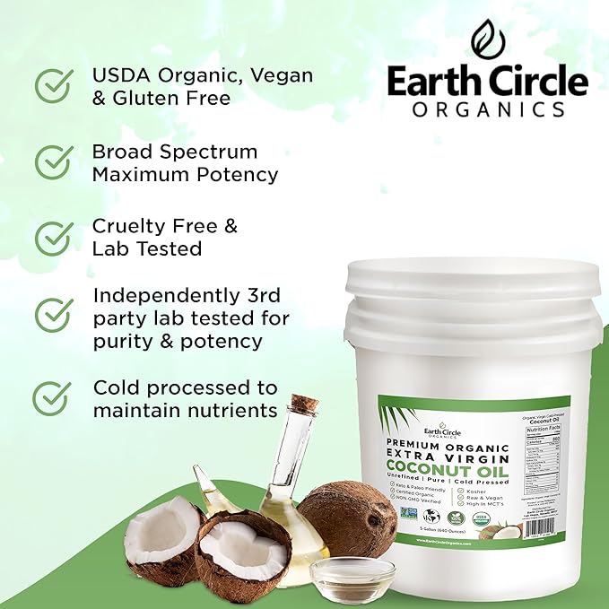 Earth Circle Organics Premium Ultra-Pure UNREFINED Cold Pressed Organic Extra Virgin Coconut Oil - Gluten-Free, Keto & Paleo Friendly - Pure Oil for Skin & Hair Care, Cooking, Baking & More - 5 Gallon