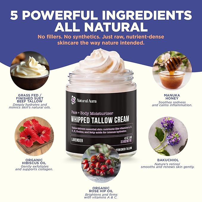 Whipped Beef Tallow for Skin - Face + Body Moisturizer, 100% Grass Fed Grass Finished Tallow and Honey Balm for Dry Skin - Natural Lotion - Free of Harsh Chemicals - 4oz, (Lavender)