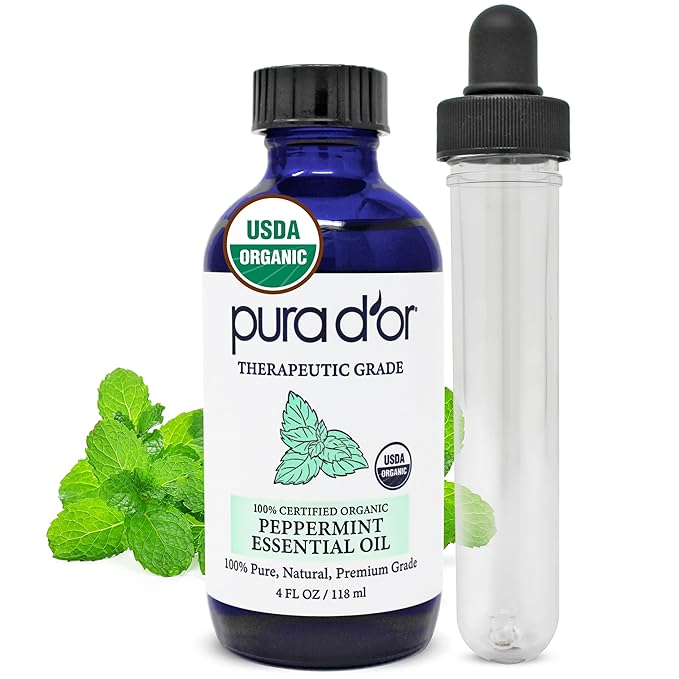 PURA D'OR Organic Peppermint Essential Oil (4oz with Glass Dropper) 100% Pure & Natural Therapeutic Grade - Hair, Body, Skin, Aromatherapy Diffuser, Massage, Refreshens, Energy, Mood, Home, DIY Soap