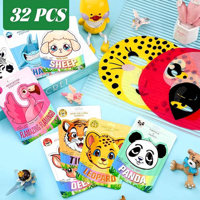 32 Pcs Animal Face Masks Bulk Spa Sheet Skincare Facial Mask Funny Face Skin Care for Women Girls Sleepover Slumber Party