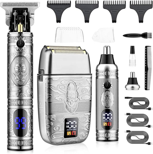 Professional Hair Trimmer Hair Clippers for Men, Nose Hair Trimmer Shaver Set,Cordless T-Blade Beard Trimmer Barber Clippers,Electric Razor Foil Shavers for Men Haircut Grooming Kit(Silver)