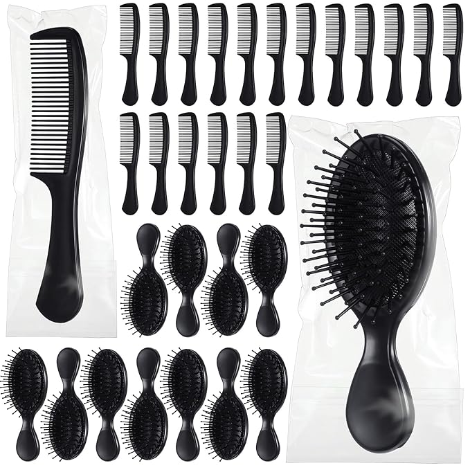 48 Pcs Mini Hair Brush and Combs Set Bulk for Homeless Individually Wrapped Curly Thick Long Smoothing Hair Brush for Women Men Kids Hotel Nursing Charity(Black)