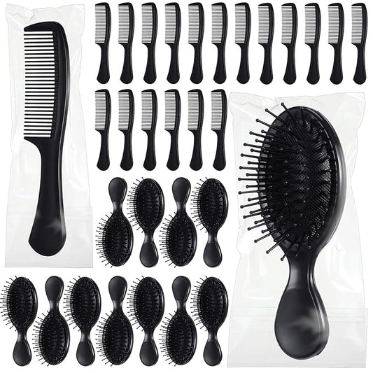 48 Pcs Mini Hair Brush and Combs Set Bulk for Homeless Individually Wrapped Curly Thick Long Smoothing Hair Brush for Women Men Kids Hotel Nursing Charity(Black)