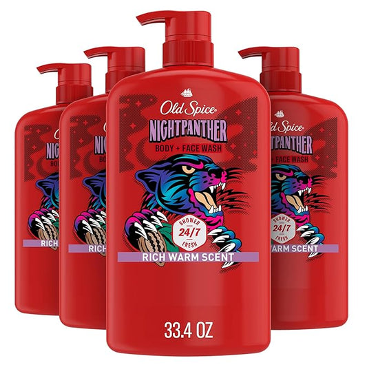 Old Spice Cleansing Body Wash for Men, 3X Defense, 24/7 Shower Fresh with Lasting Scent, 2-in-1 Body & Face Wash, NightPanther with Rich Warm Scent, 33.4 (Pack of 4)