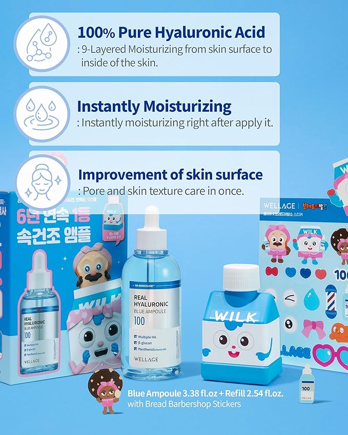 WELLAGE Real Hyaluronic Blue Ampoule 100, Korean Skincare, Fragrance Free Hyaluronic Acid Serum with Panthenol, Wild yam, Centella, Deep Hydration, Firming, Plumping, Non-Sticky 3.38 fl.oz.+2.54 fl.oz