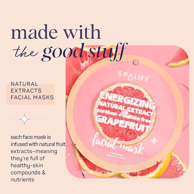 SpaLife Beauty Fruit Facial Sheet Masks 24 Pack – Face Masks Skincare Set – Hydrating Face Masks – 6 Natural Fruit Extract Formulas – Orange, Grapefruit, Coconut, Cherry, Avocado, Cucumber