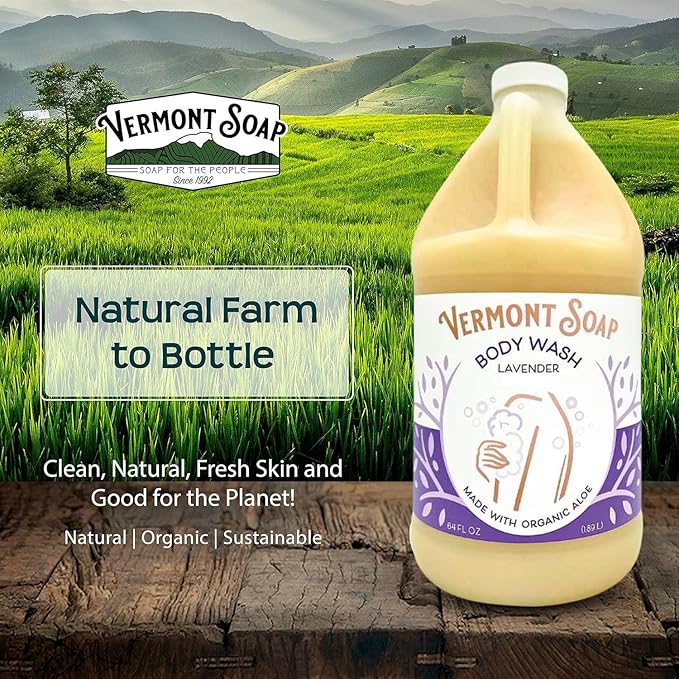 VERMONT SOAP Natural Body Wash with Shea Butter, Mild Gel Body Wash for Moisturizing and Soothing Skin, Fragrance Free Body Wash for Women & Men (Lavender, 64oz)