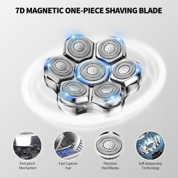 Magnetic Head Shaver Replacement Heads 7 Double Ring Waterproof Rotary Razor Blades for Bald Men Compatible with freebird wyklaus shpavver (silver)