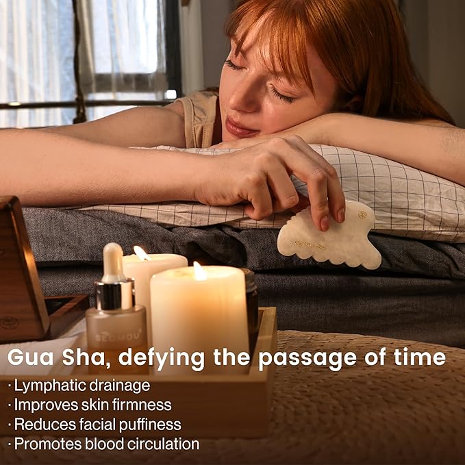 Rena Chris Gua Sha Facial Tool, Natural White Jade Stone Body Gua Sha with Exquisite Wooden Box, Large Guasha Suitable for Face Lifting, Puffiness Reducing and Whole-Body Massage, Skin Care Massager