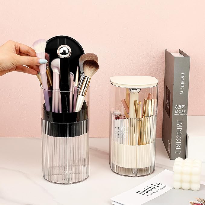 JessLab One-Touch Pop-Up Makeup Brush Organizer with Lid, Dustproof Cosmetic Brush Holder, 4-Compartment Large Capacity for Vanity, Bathroom Countertop, White