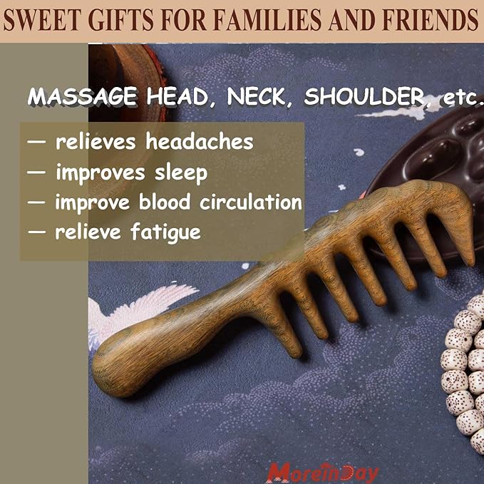 Massage Comb - Wooden Scalp Massager and Gua Sha for Hair Growth, Green Sandalwood Loc Comb for Women and Men