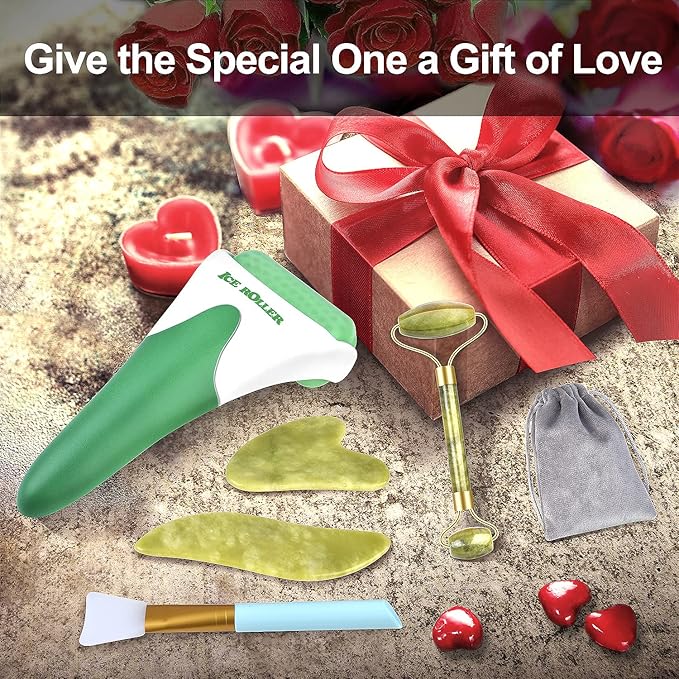 6 in 1 Ice Roller & Jade Roller and Gua Sha Set, Facial Massage Kits, Facial Roller Kit with Gua Sha Tool and Silicone Brush, Anti-Aging Jade Stone Massager for Face, Eyes, Neck Massage