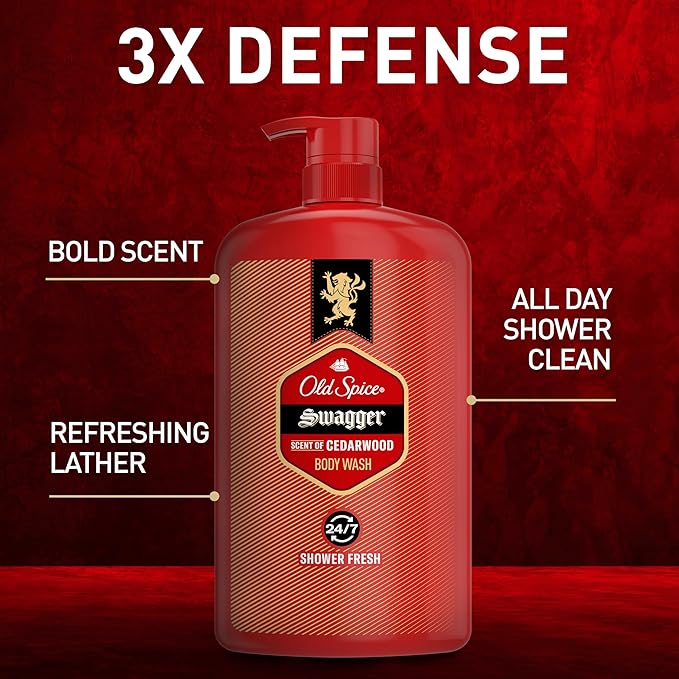 Old Spice Body Wash for Men, Refreshing 3X Defense, 24/7 Shower Fresh with Long Lasting Scent, Red Collection, Swagger with Cedarwood Scent, 33.4 oz (Pack of 4)