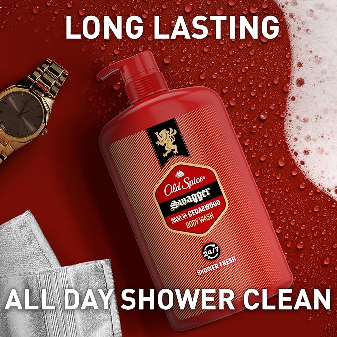 Old Spice Body Wash for Men, Refreshing 3X Defense, 24/7 Shower Fresh with Long Lasting Scent, Red Collection, Swagger with Cedarwood Scent, 33.4 oz (Pack of 4)