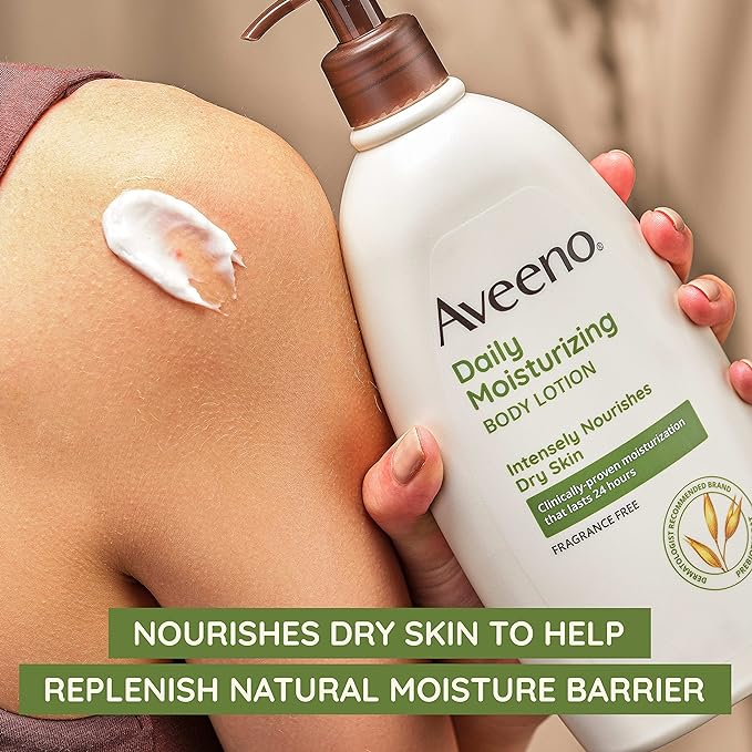 Aveeno Daily Moisturizing Body Lotion for Dry, Sensitive Skin with Prebiotic Oat, 24-Hour Moisture, Fragrance-Free, Dye & Paraben-Free, Non-Greasy, Non-Comedogenic, 2 × 18 Fl Oz