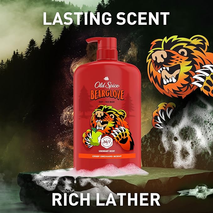 Old Spice Cleansing Body Wash for Men, 3X Defense, 24/7 Shower Fresh with Lasting Scent, 2-in-1 Body & Face Wash, Bearglove with Crisp Orchard Scent, 33.4 (Pack of 4)