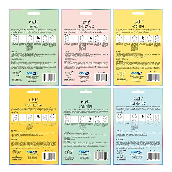 Epielle Animal Character Sheet Masks 12 Pack, Moisturizing & Hydrating Face Mask with Hyaluronic Acid & Fruit Extract, Korean Skin Care, Girls Spa Party Favors, Sleepover, Self Care Gifts for Women