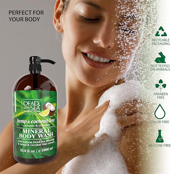 Dead Sea Collection Hemp Coconut Lime Body Wash for Women and Men – Hemp Oil, Coconut & Lime Extract – Moisturizing Shower Gel for Dry & Sensitive Skin – Pack of 2 (67.6 fl oz)