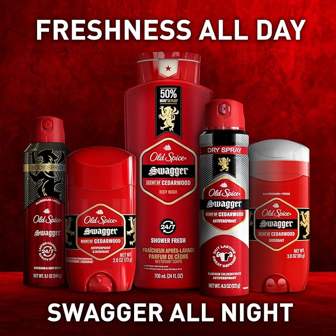 Old Spice Body Wash for Men, Refreshing 3X Defense, 24/7 Shower Fresh with Long Lasting Scent, Red Collection, Swagger with Cedarwood Scent, 33.4 oz (Pack of 4)