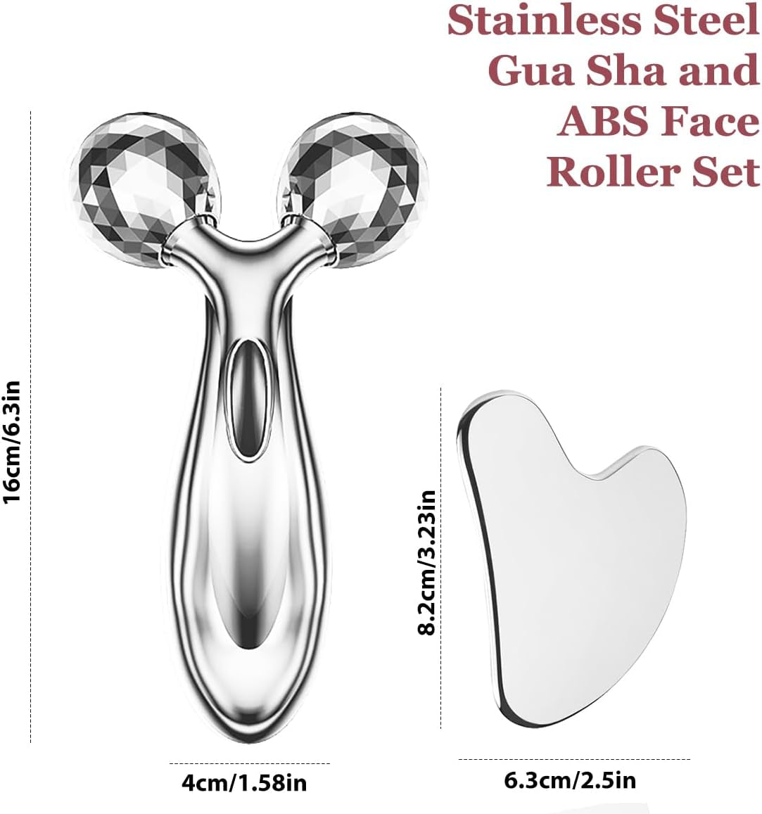 Stainless Steel Gua Sha and Face Roller Set, Facial Tool for Face Sculpting, Metal Skin Care, Massager for Women