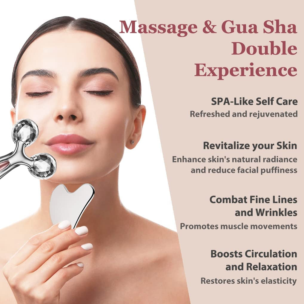 Stainless Steel Gua Sha and Face Roller Set, Facial Tool for Face Sculpting, Metal Skin Care, Massager for Women